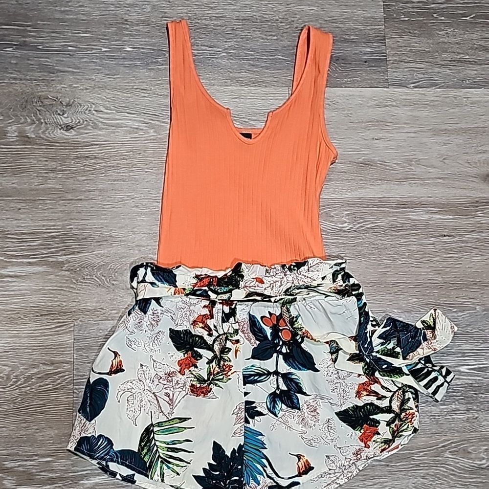 SHEIN Orange Ribbed Tank with Tropical Print Paperbag Shorts Set
